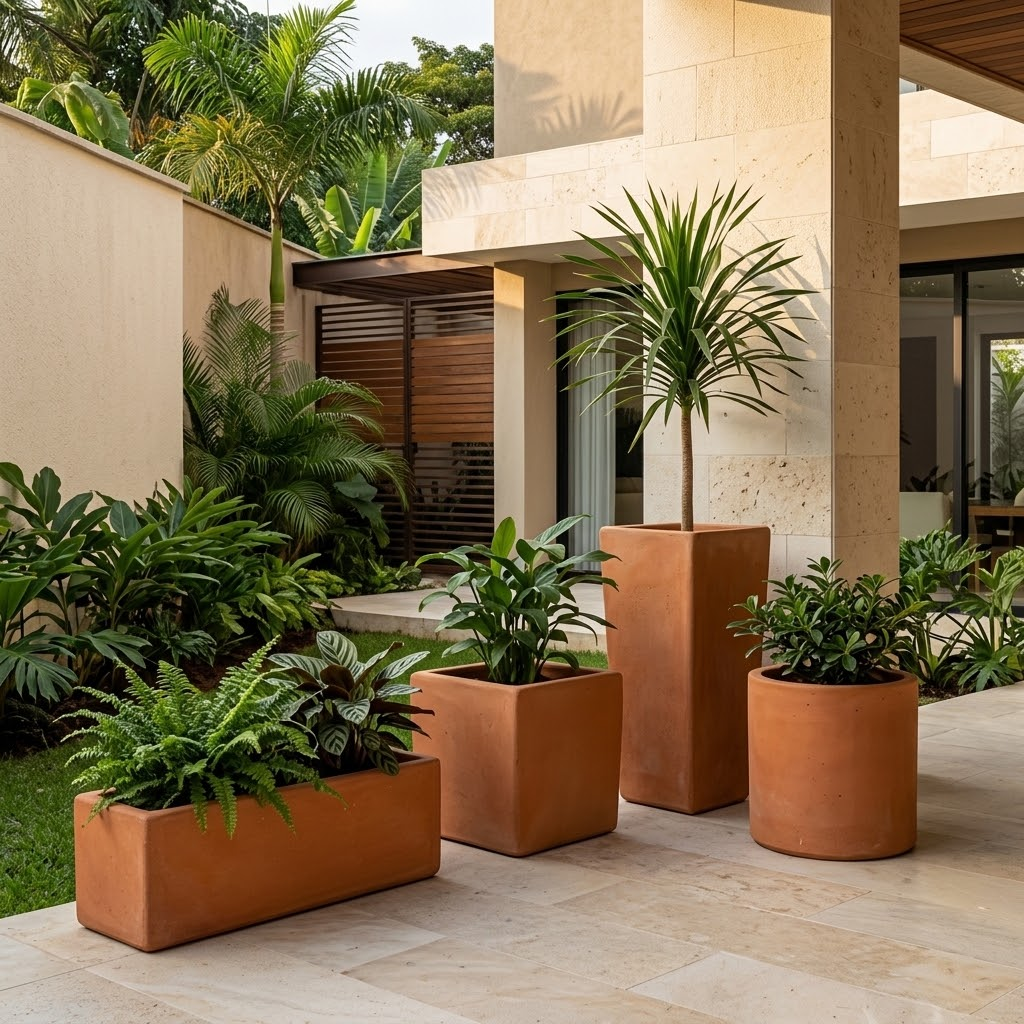 Colección de maceteras de barro terracota en formatos jardinera, cajón, columna y cilindro, ambientadas en un patio contemporáneo