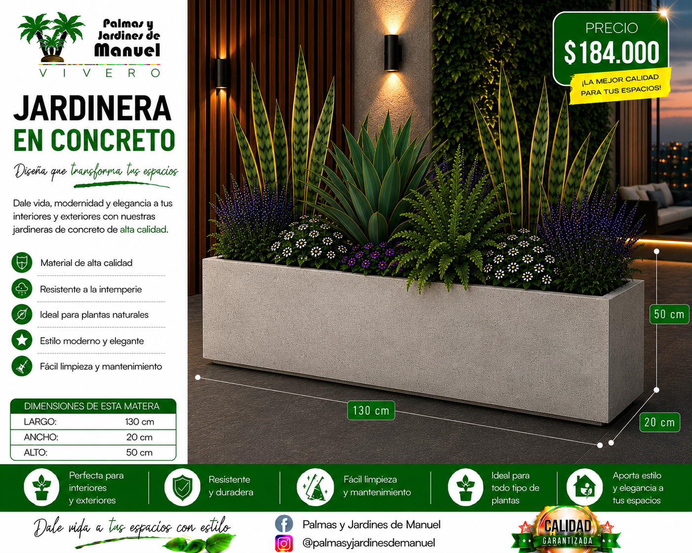 Jardinera en Concreto 130x20x50 cm