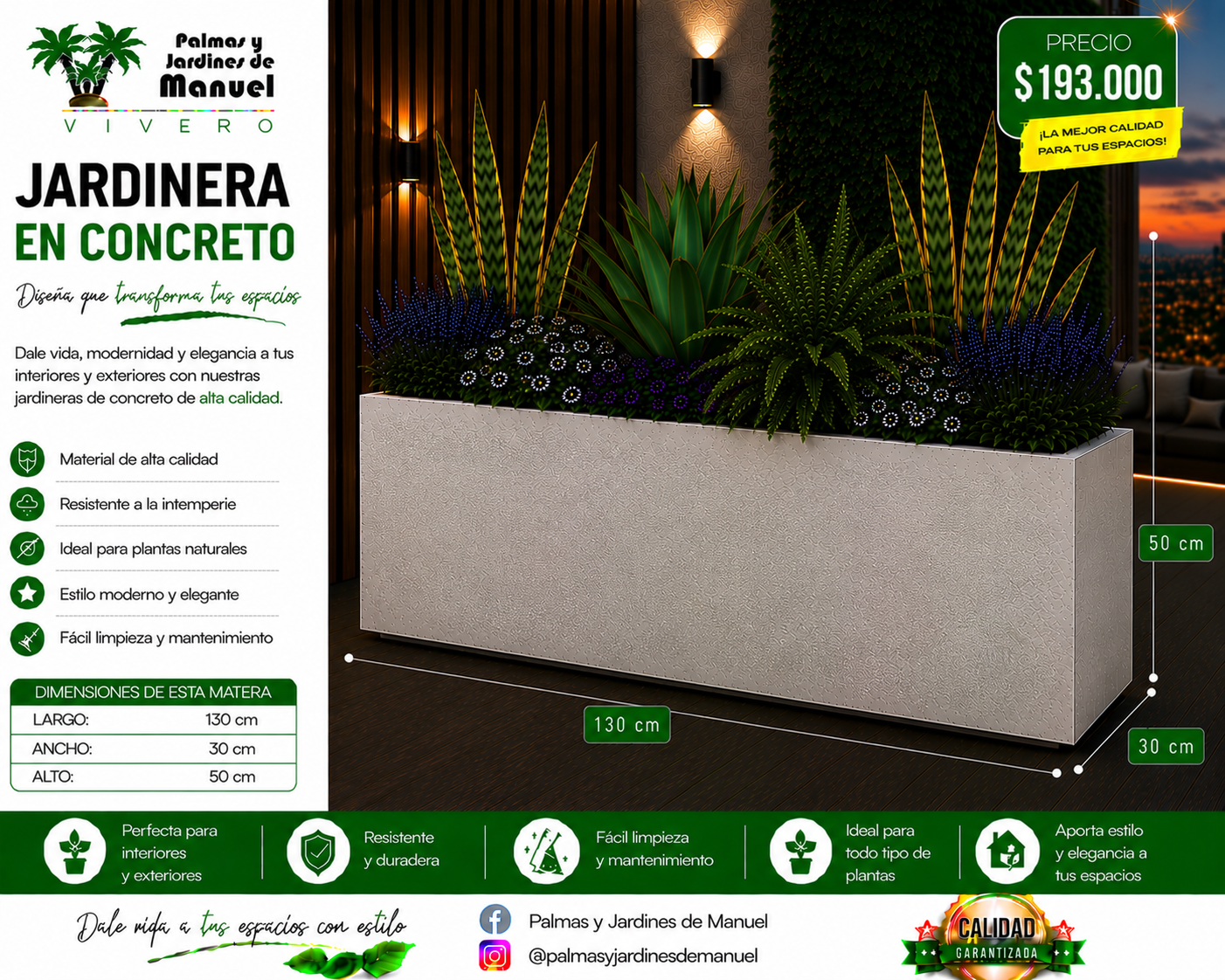 Jardinera en Concreto 130x30x50 cm