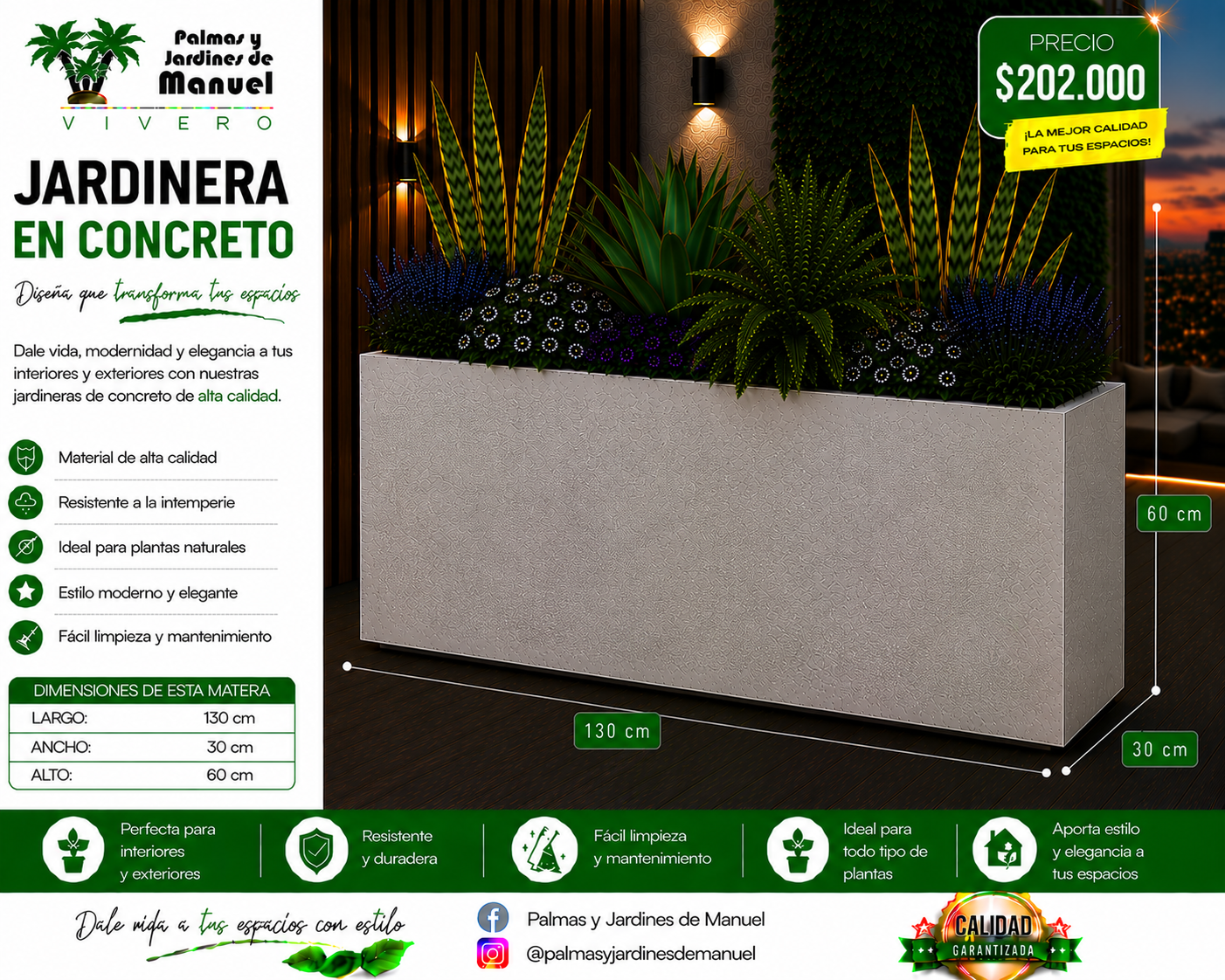 Jardinera en Concreto 130x30x60 cm