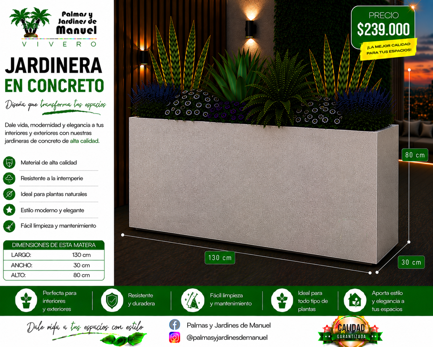 Jardinera en Concreto 130x30x80 cm