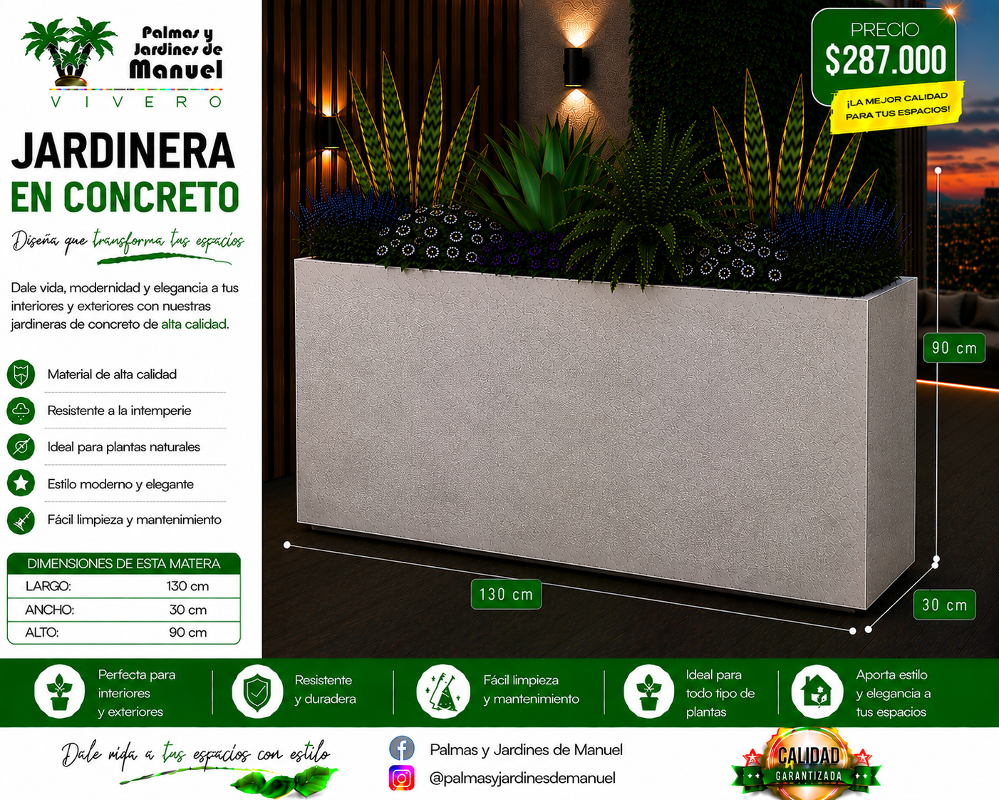 Jardinera en Concreto 130x30x90 cm