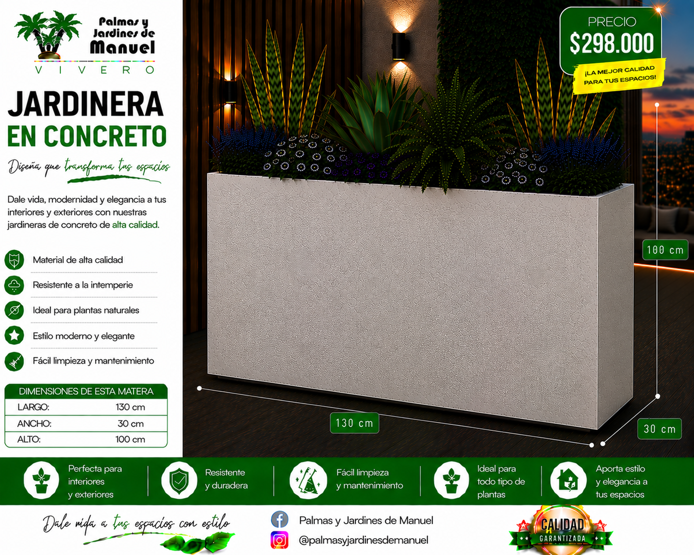 Jardinera en Concreto 130x30x100 cm