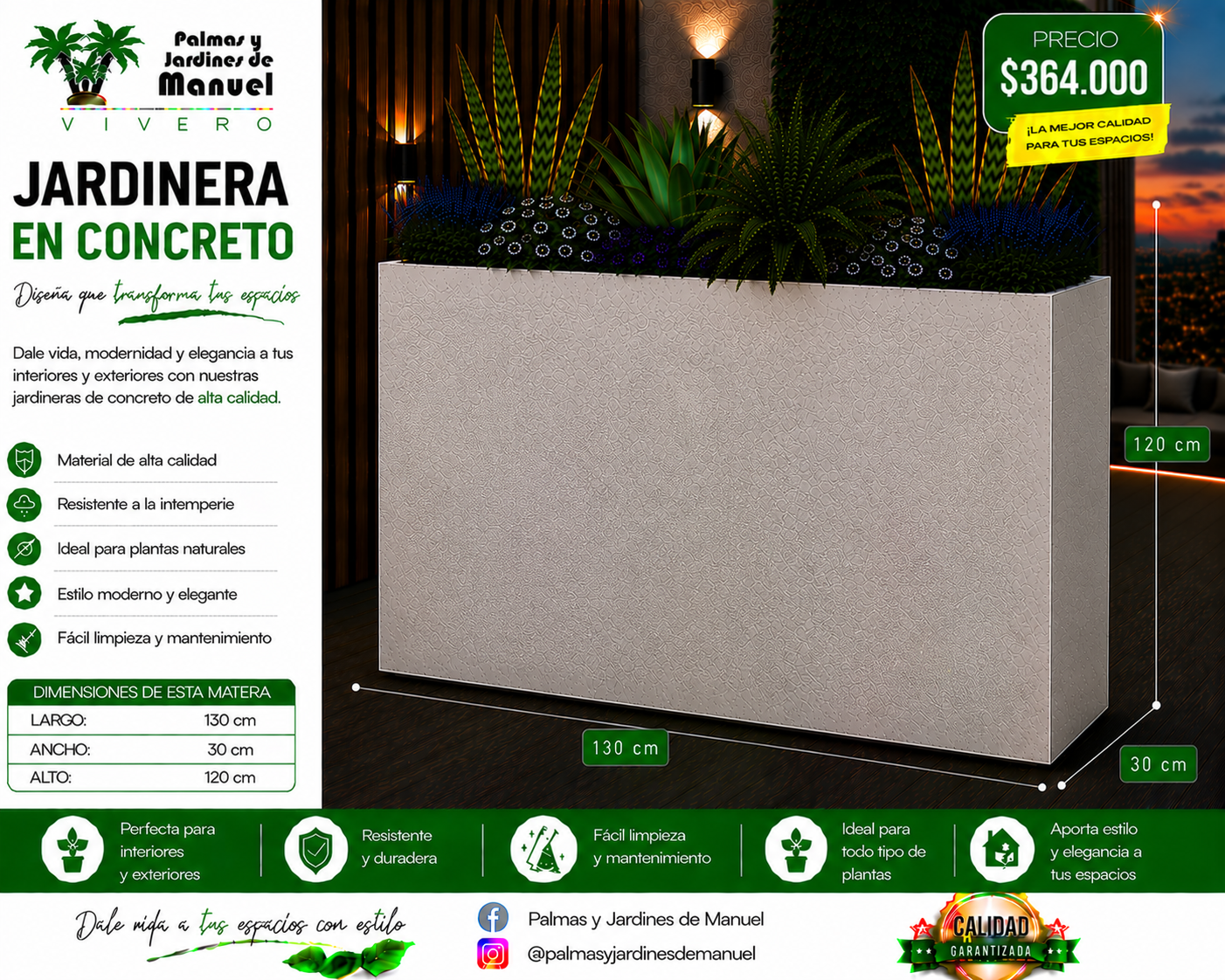 Jardinera en Concreto 130x30x120 cm