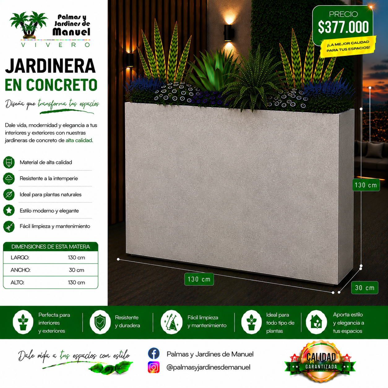Jardinera en Concreto 130x30x130 cm