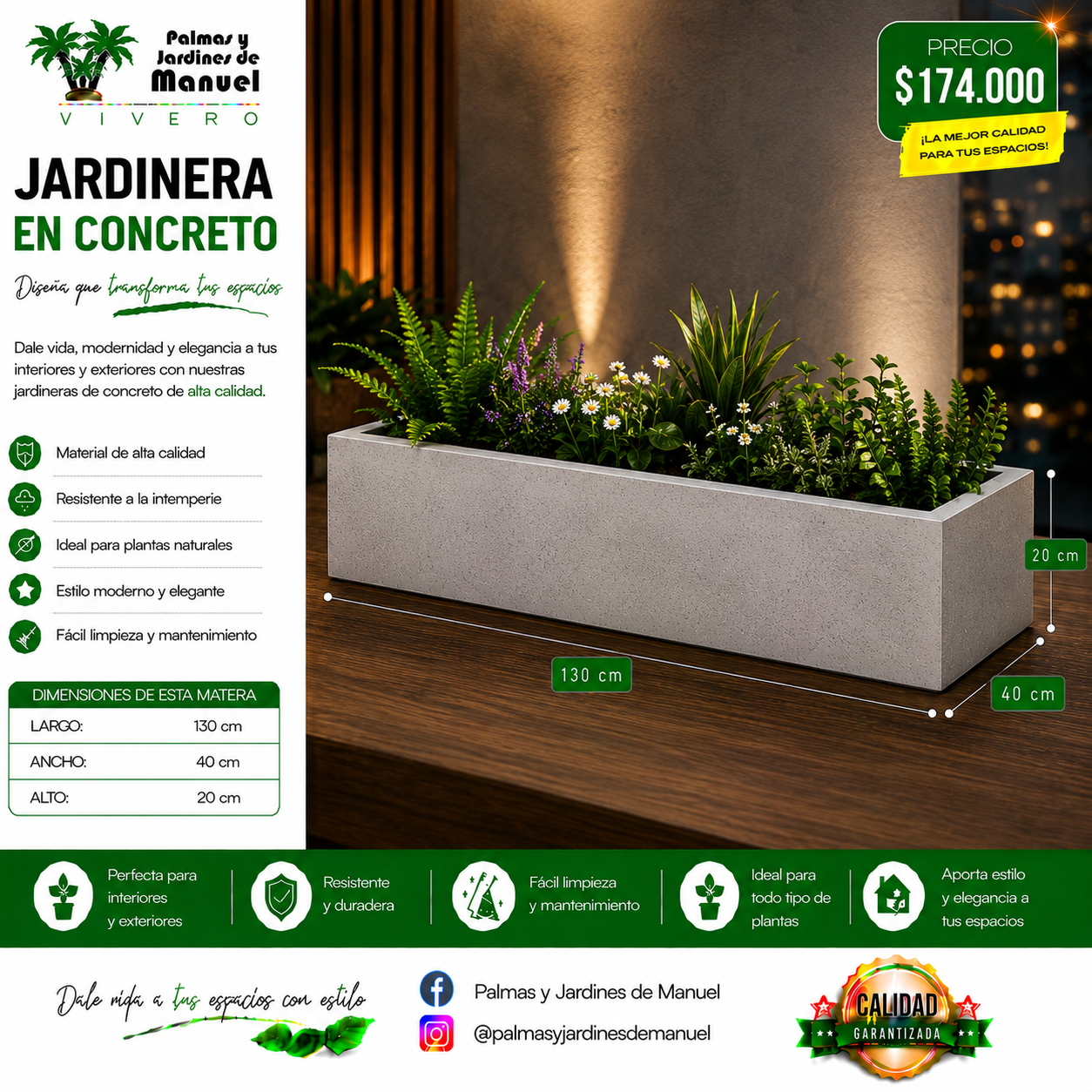 Jardinera en Concreto 130x40x20 cm
