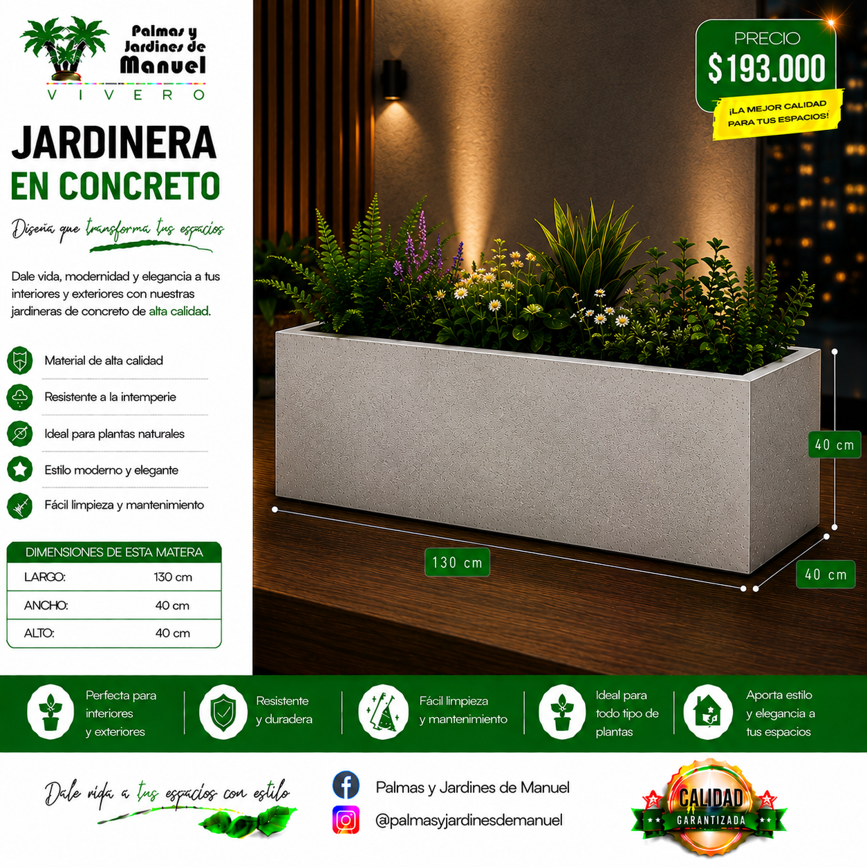 Jardinera en Concreto 130x40x40 cm