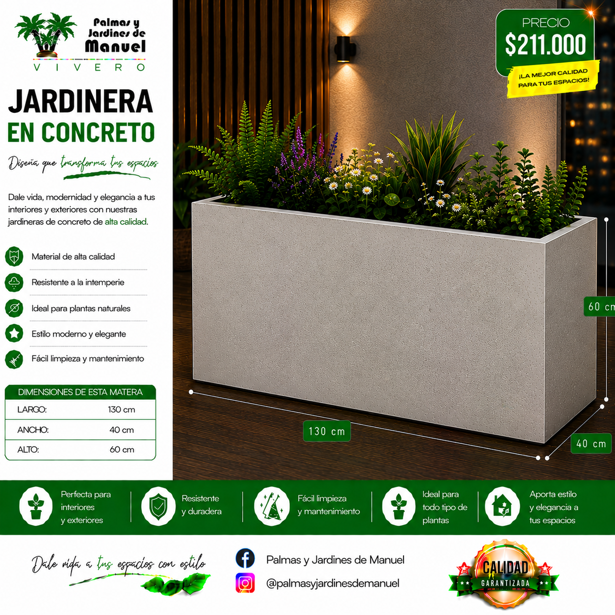 Jardinera en Concreto 130x40x60 cm