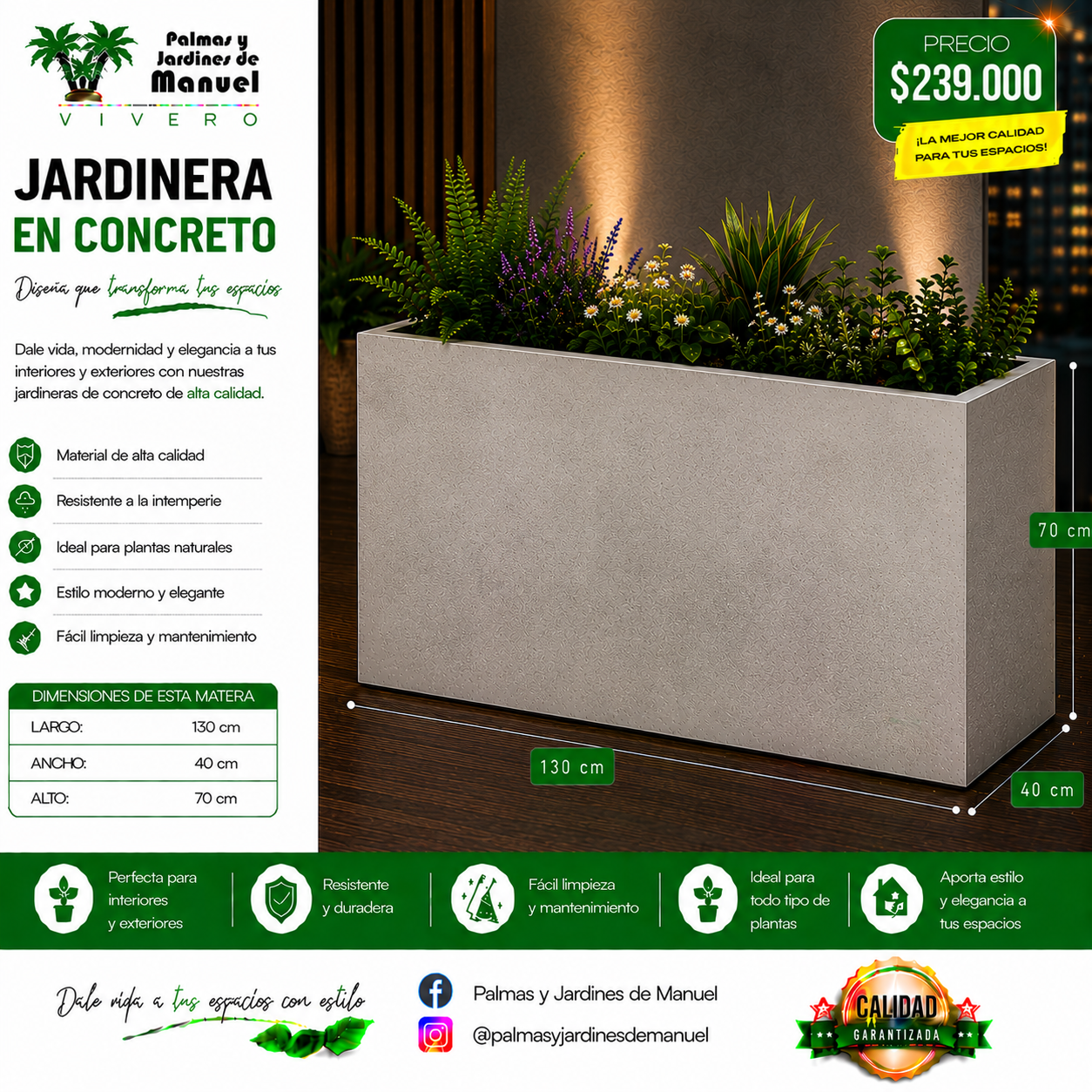 Jardinera en Concreto 130x40x70 cm