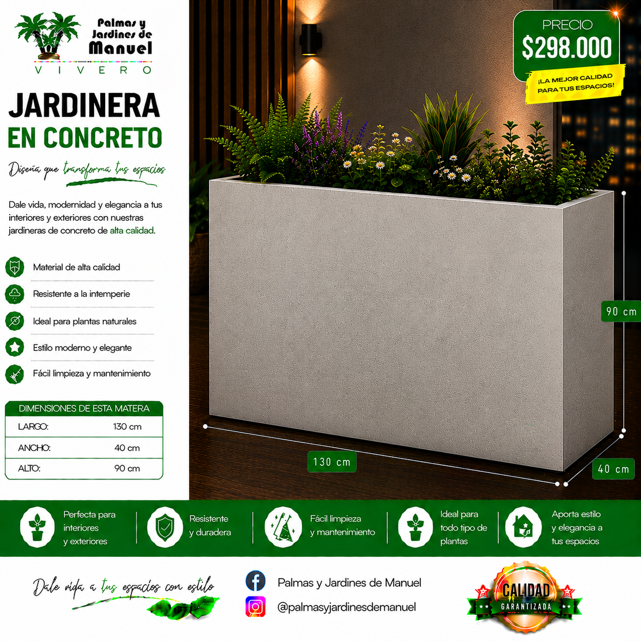 Jardinera en Concreto 130x40x90 cm