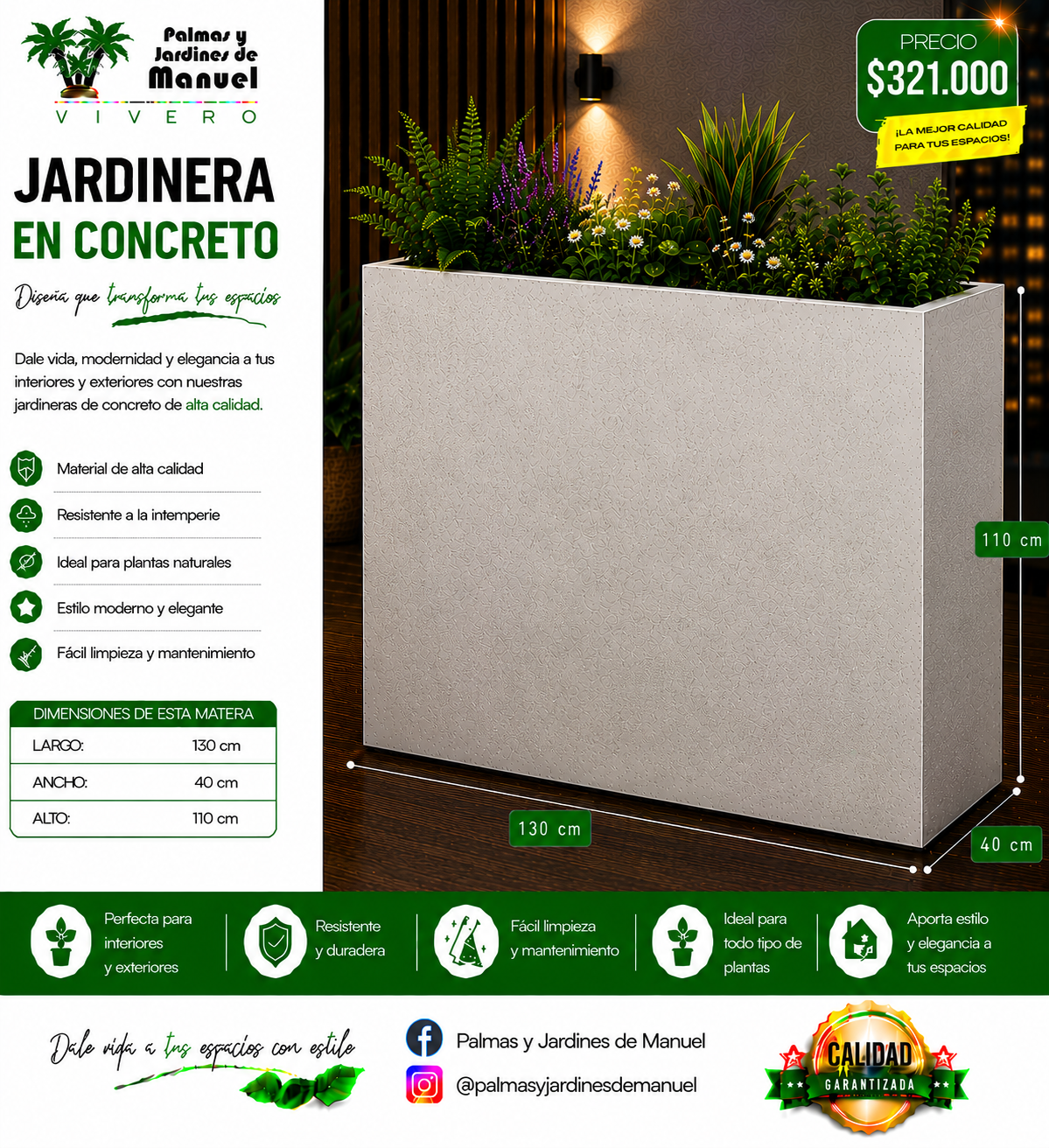 Jardinera en Concreto 130x40x110 cm