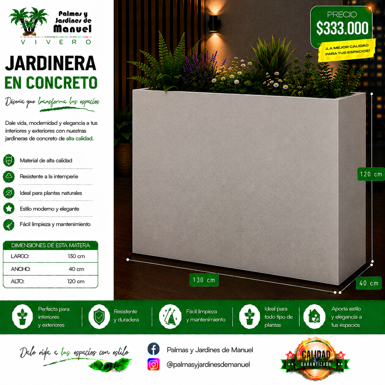 Jardinera en Concreto 130x40x120 cm
