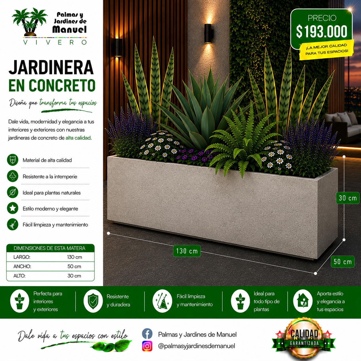 Jardinera en Concreto 130x50x30 cm