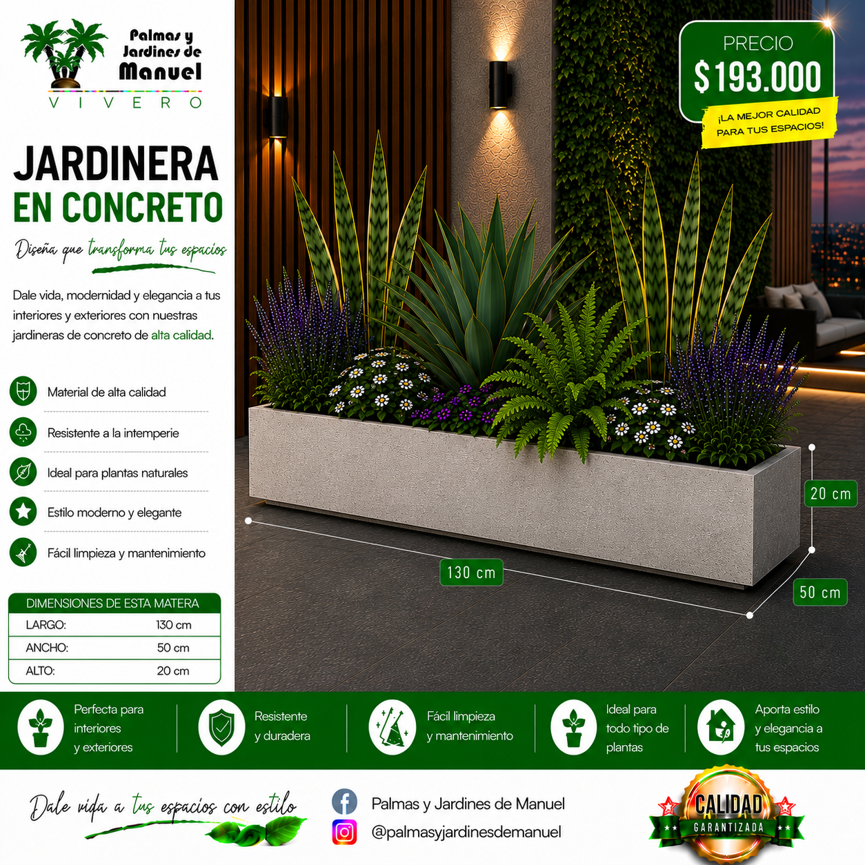 Jardinera en Concreto 130x50x20 cm