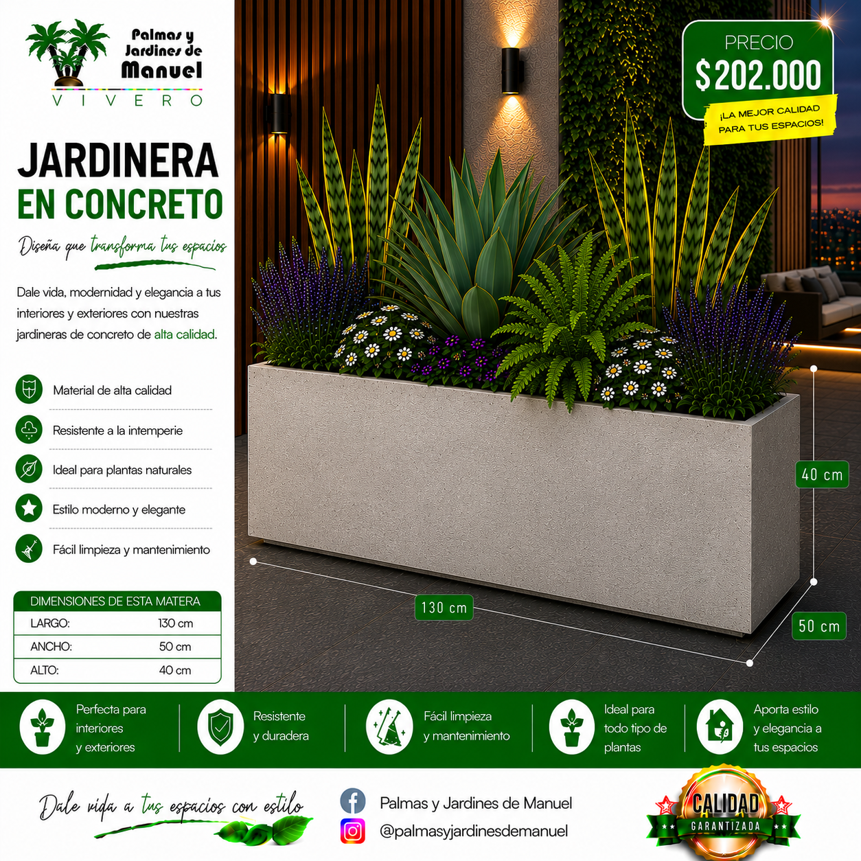 Jardinera en Concreto 130x50x40 cm