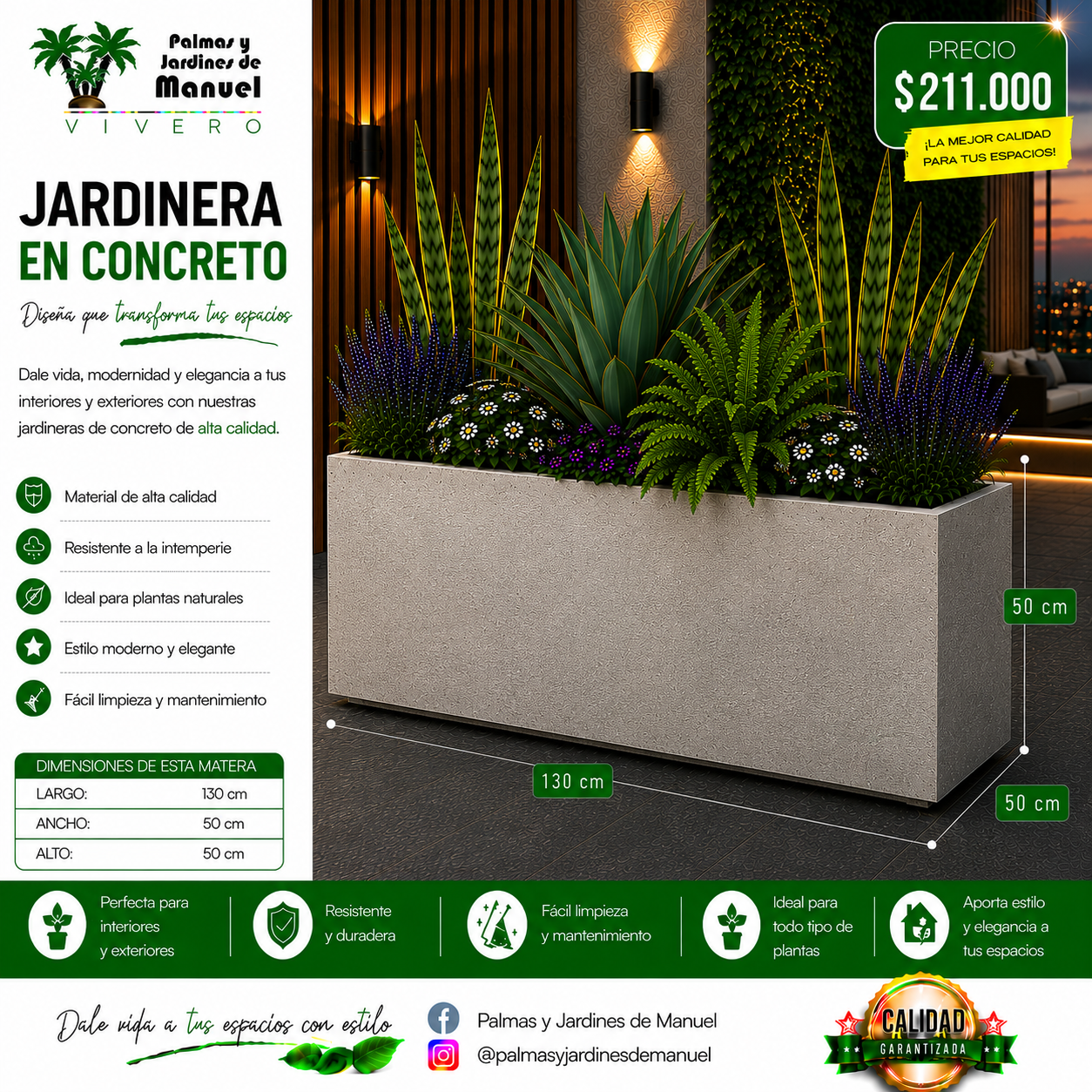Jardinera en Concreto 130x50x50 cm