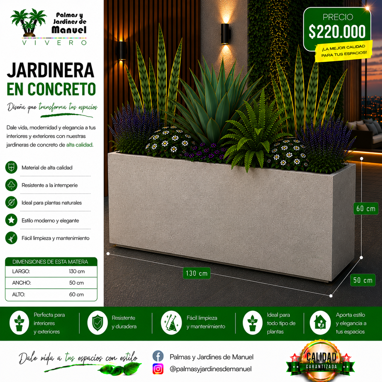 Jardinera en Concreto 130x50x60 cm