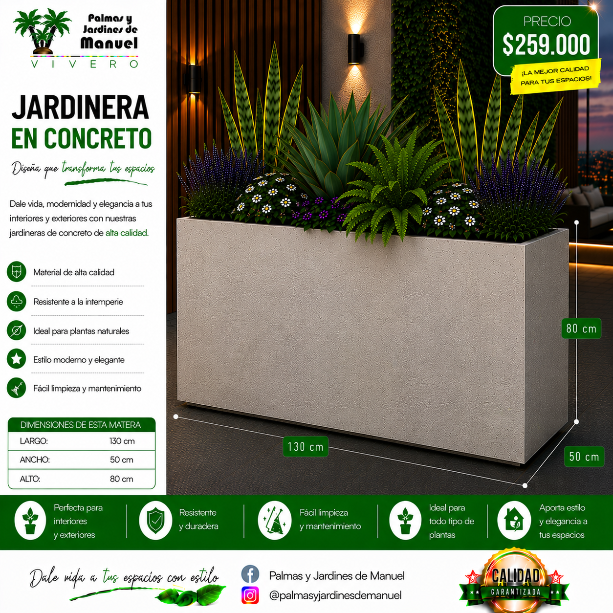 Jardinera en Concreto 130x50x80 cm