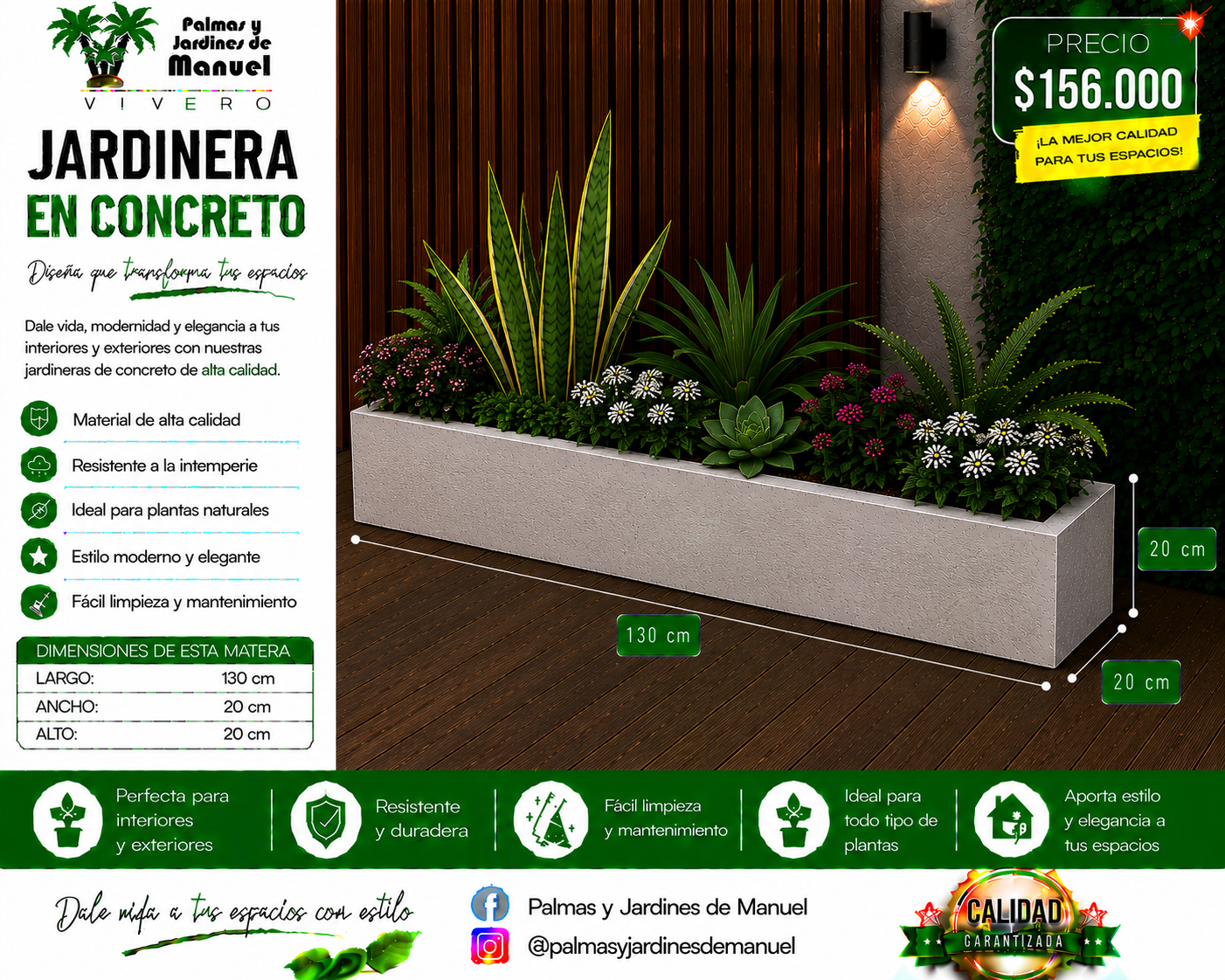 Jardinera en Concreto 130x20x20 cm