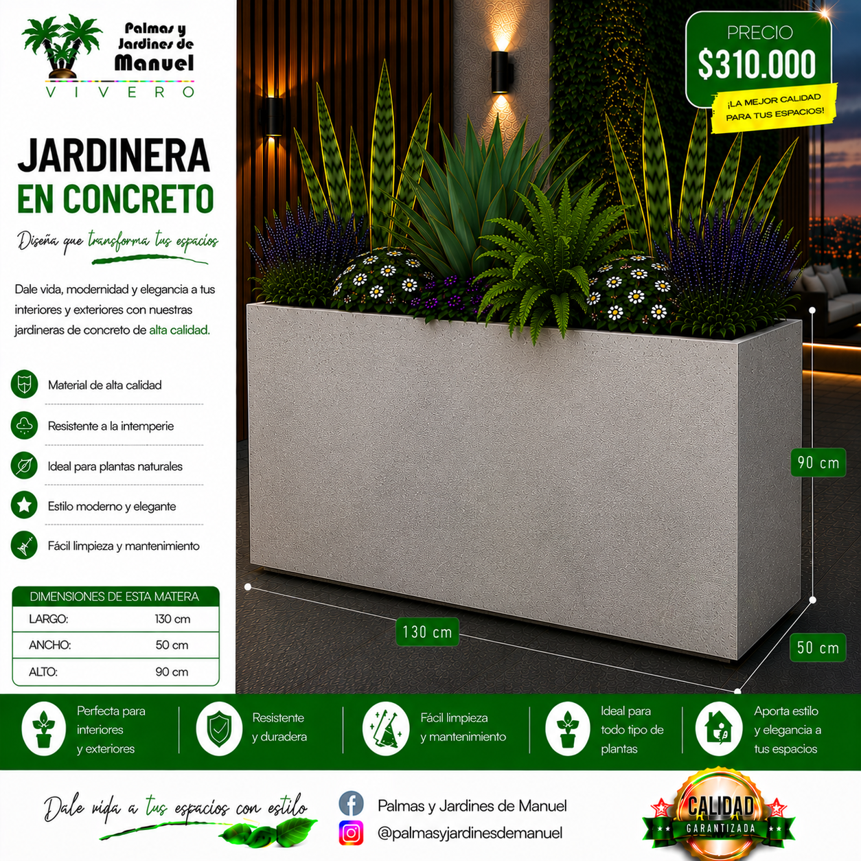 Jardinera en Concreto 130x50x90 cm