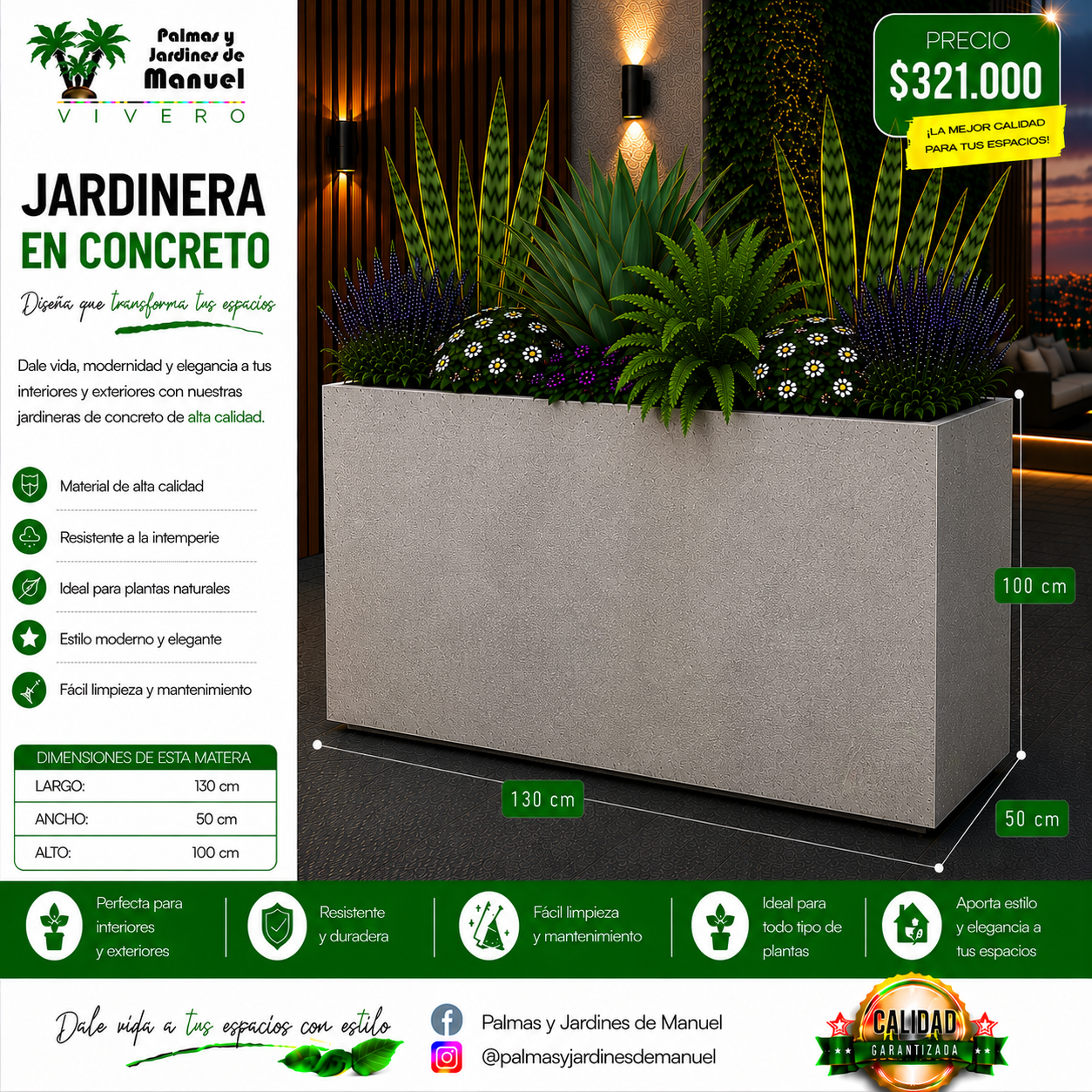 Jardinera en Concreto 130x50x100 cm