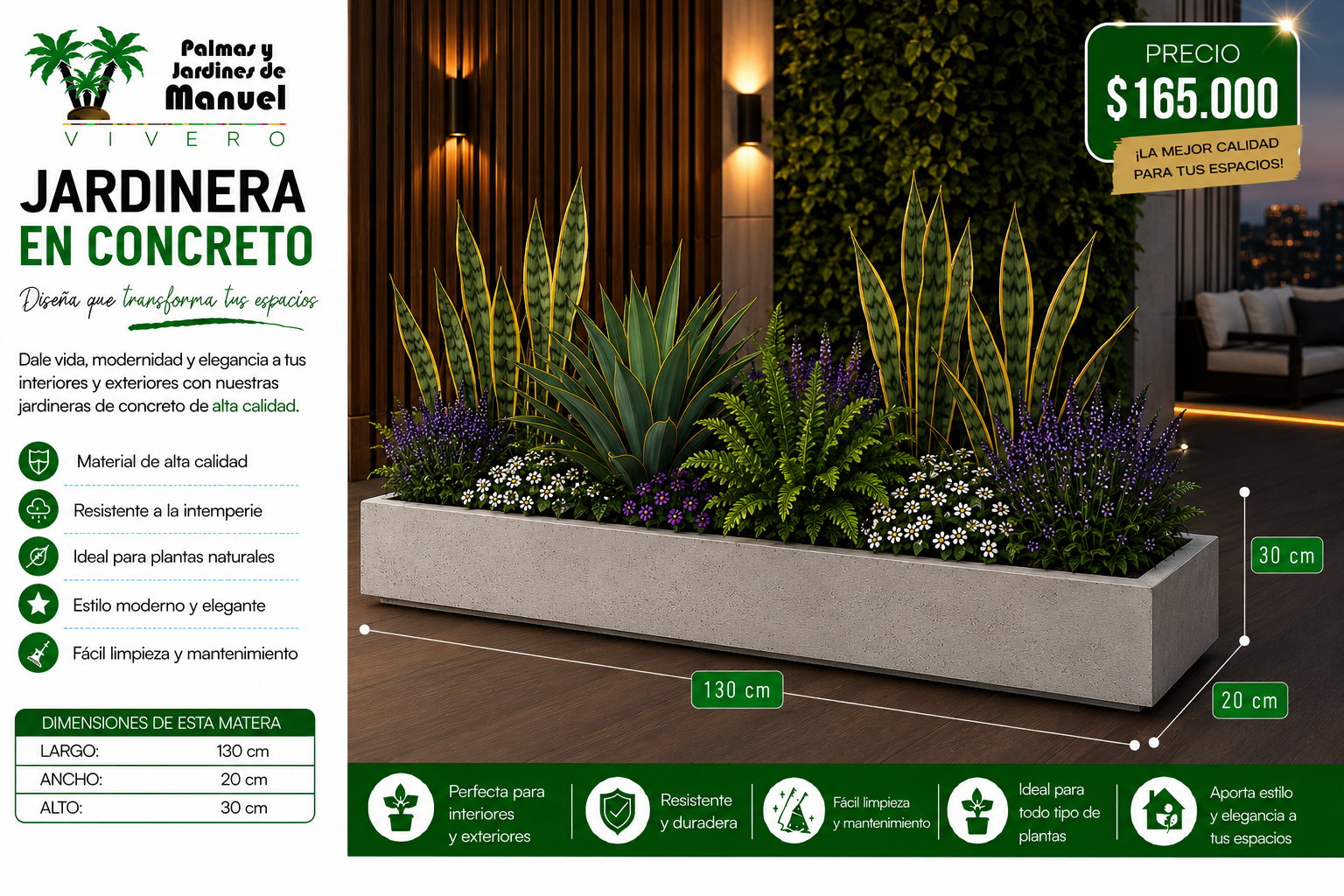 Jardinera en Concreto 130x20x30 cm