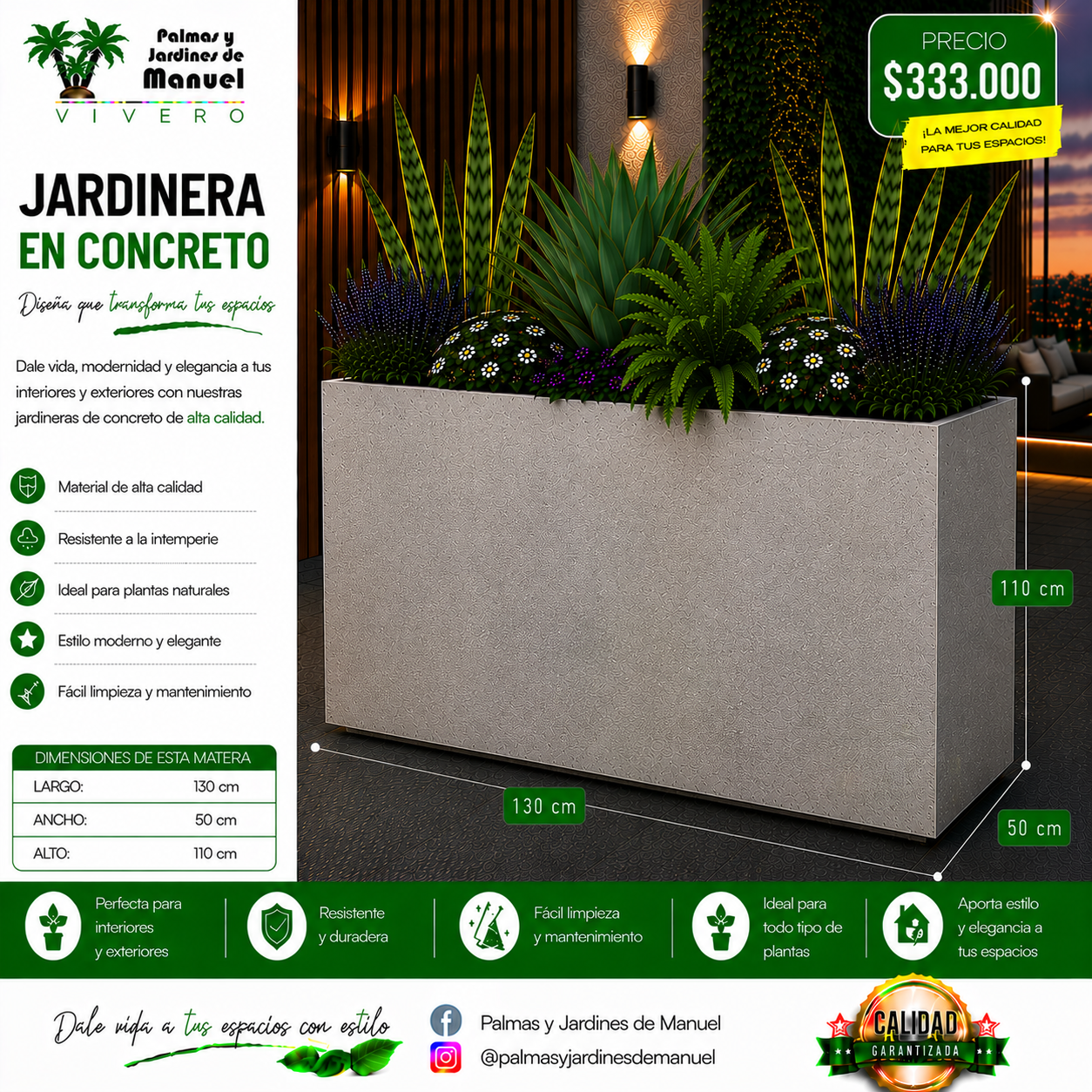 Jardinera en Concreto 130x50x110 cm