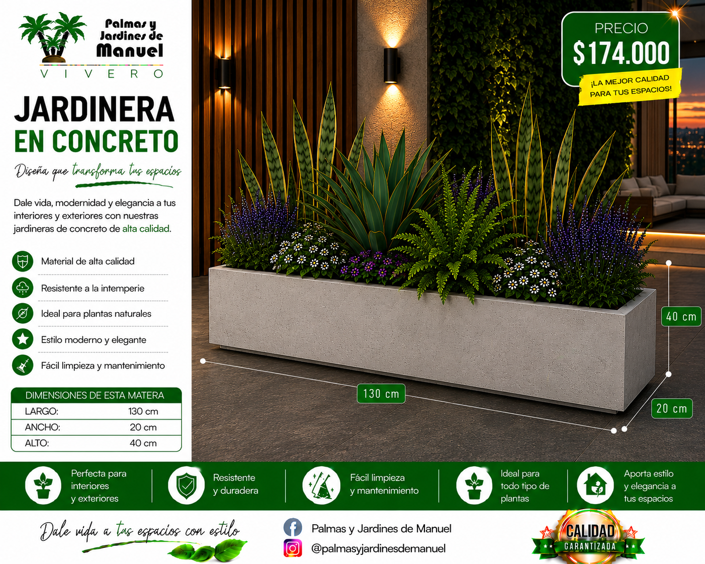 Jardinera en Concreto 130x20x40 cm