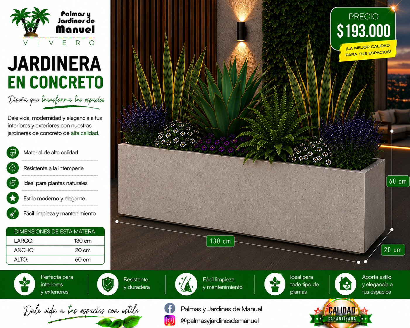 Jardinera en Concreto 130x20x60 cm
