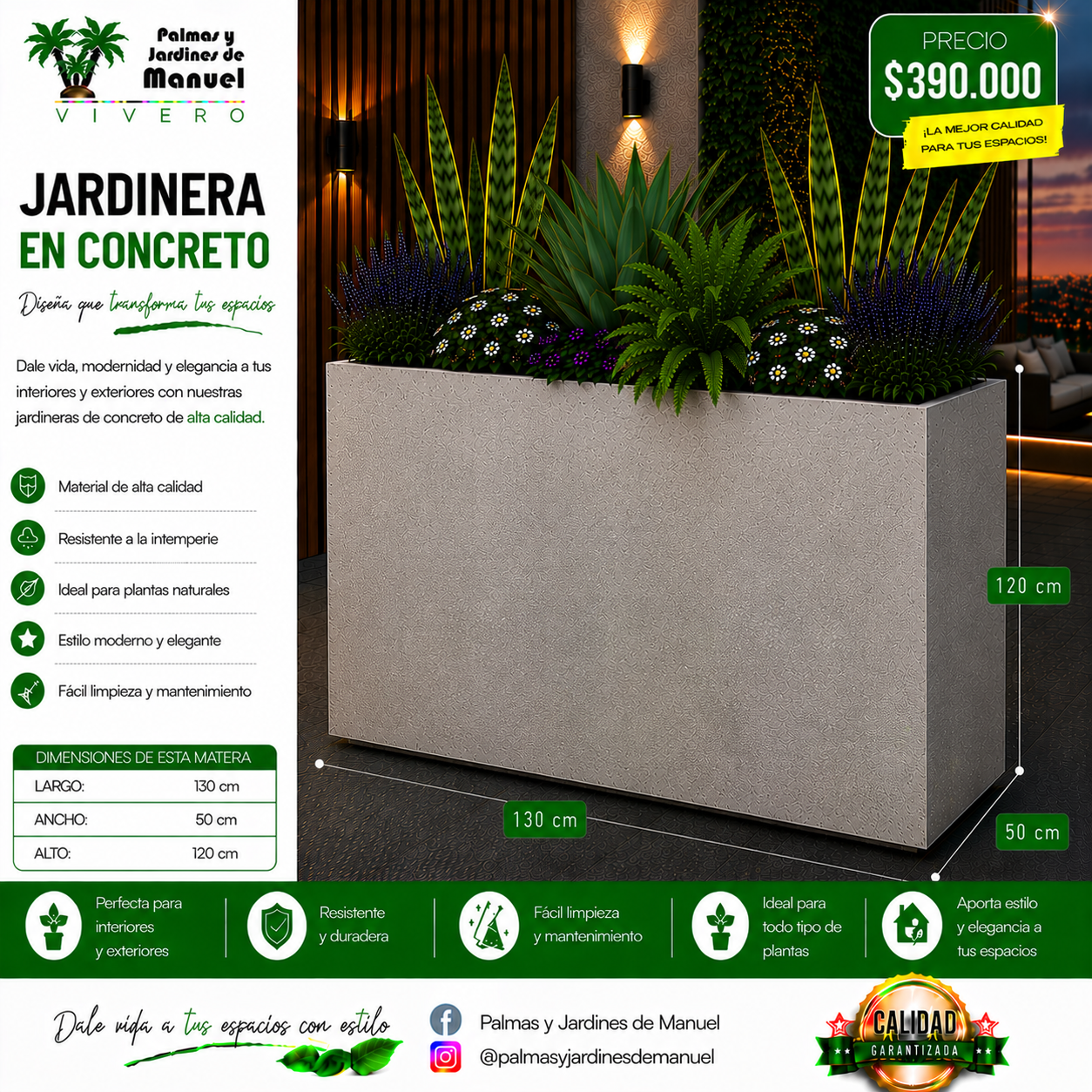 Jardinera en Concreto 130x50x120 cm