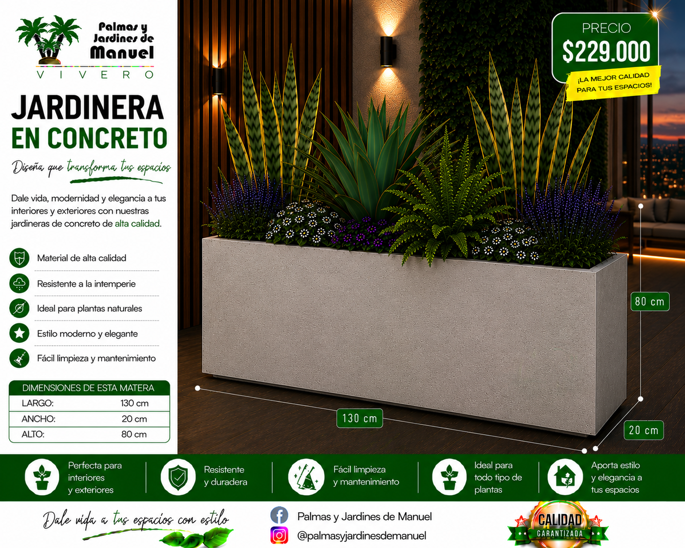 Jardinera en Concreto 130x20x80 cm