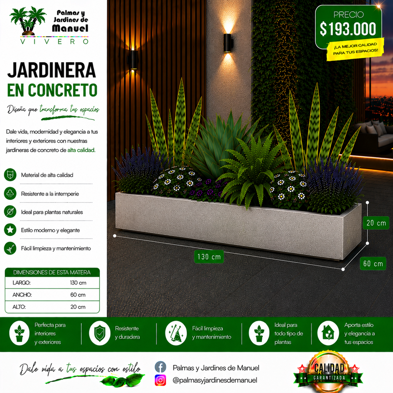 Jardinera en Concreto 130x60x20 cm