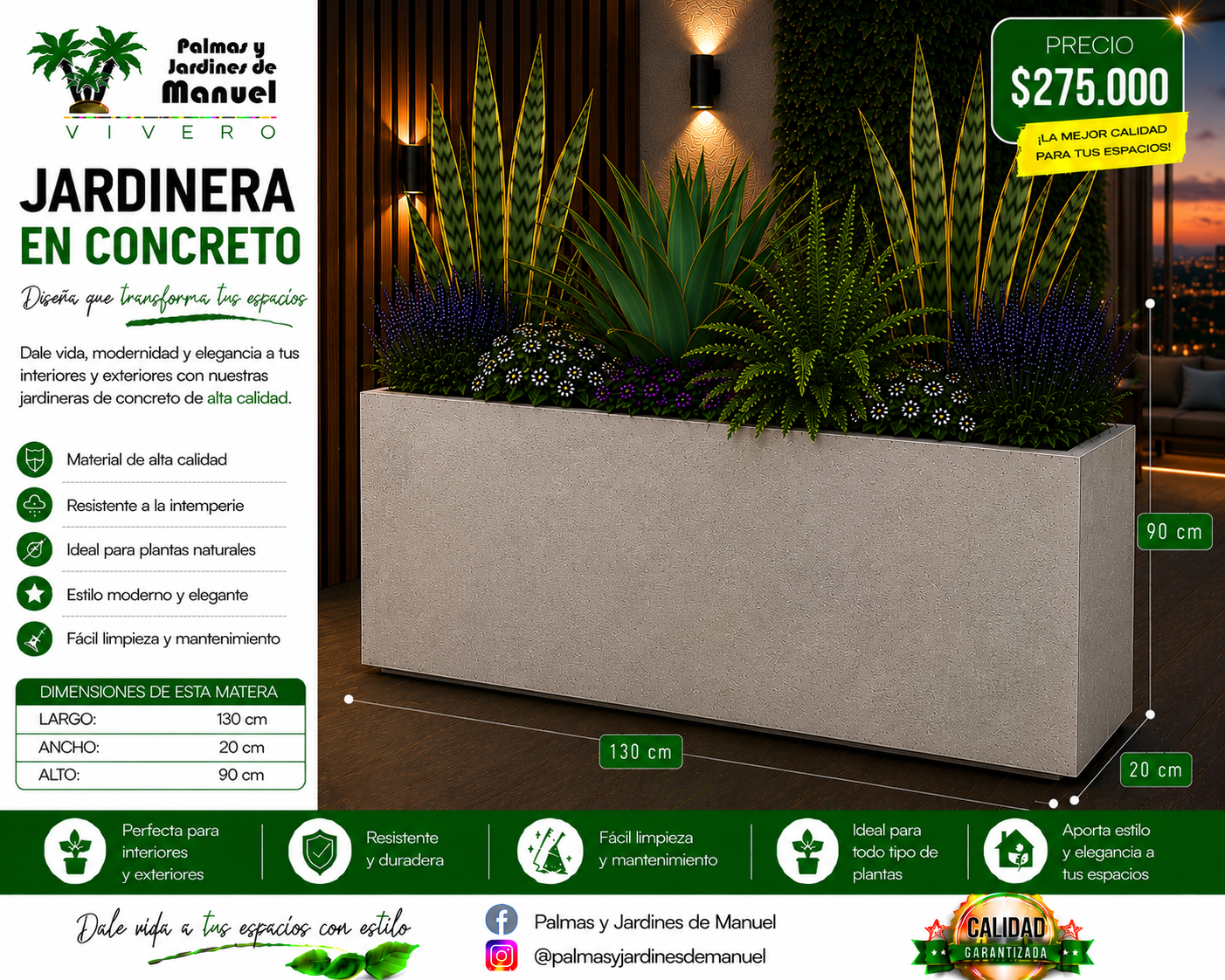 Jardinera en Concreto 130x20x90 cm