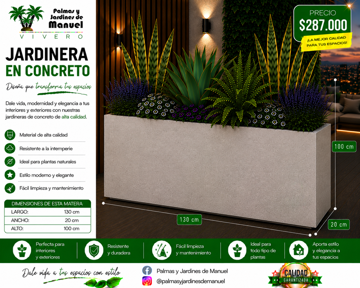 Jardinera en Concreto 130x20x100 cm