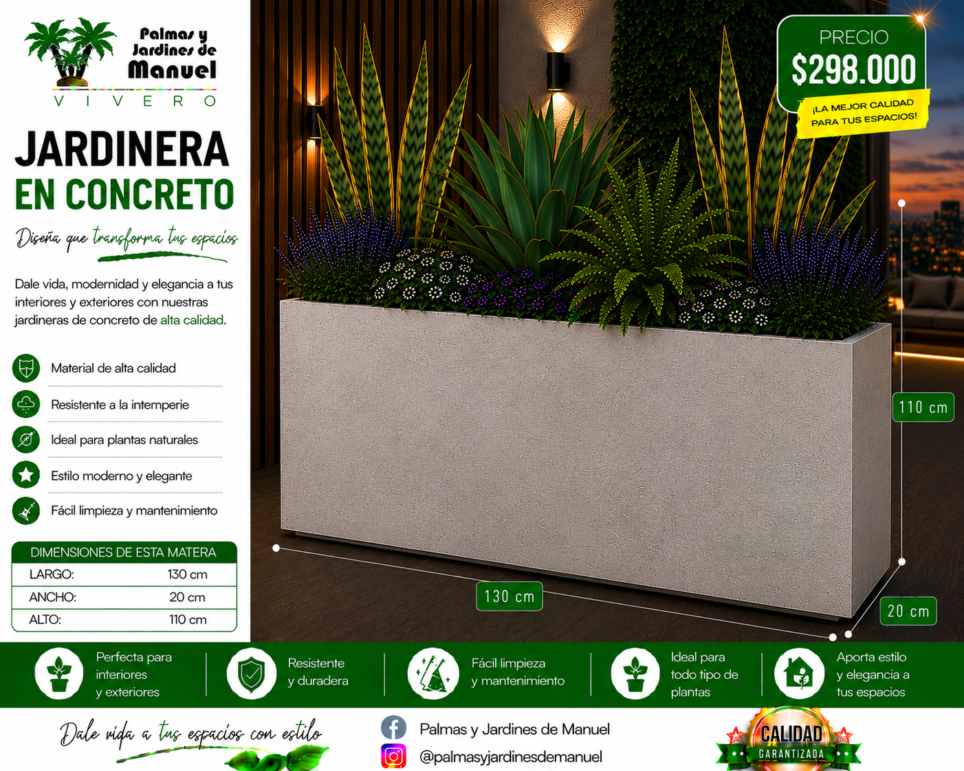 Jardinera en Concreto 130x20x110 cm