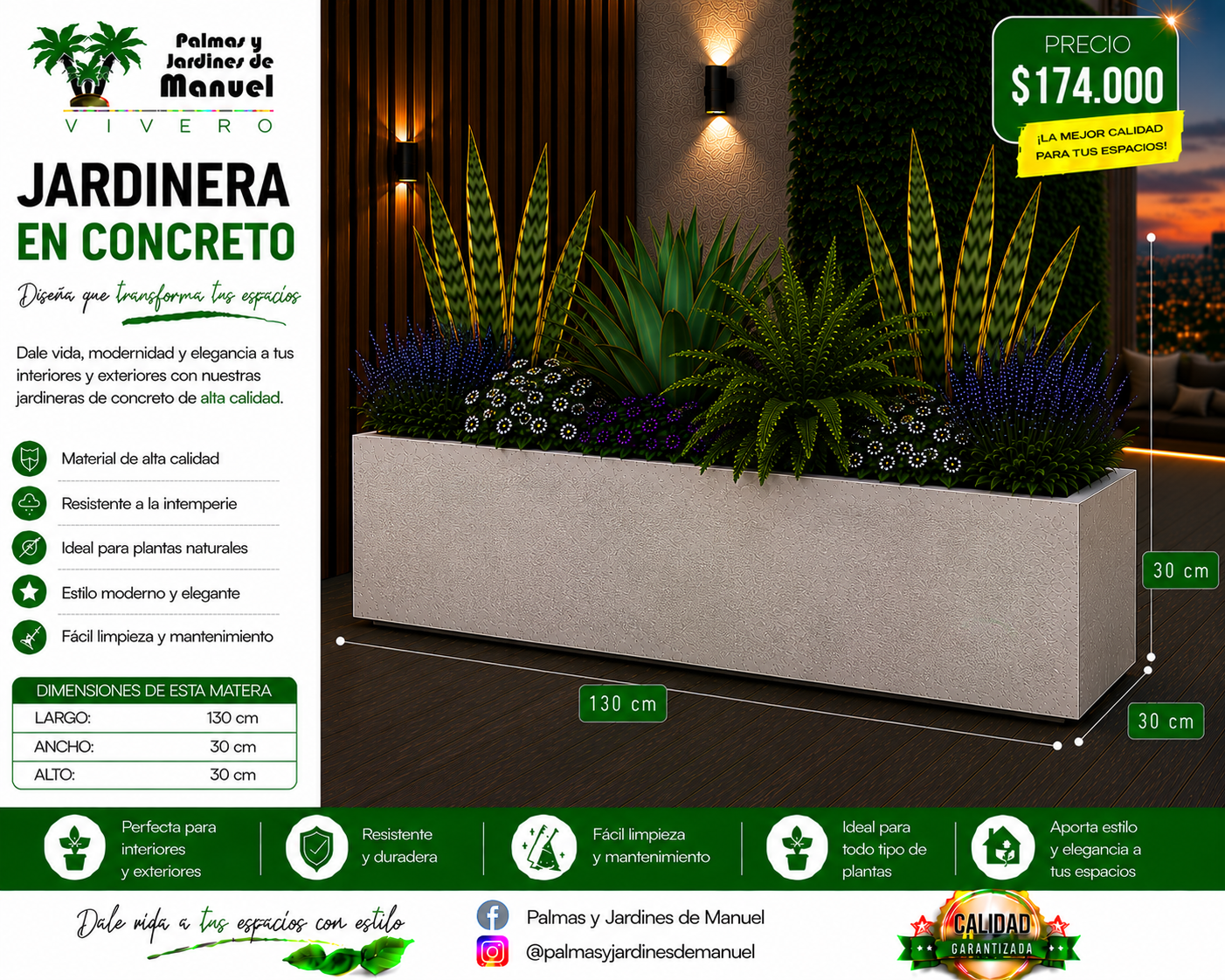 Jardinera en Concreto 130x30x30 cm