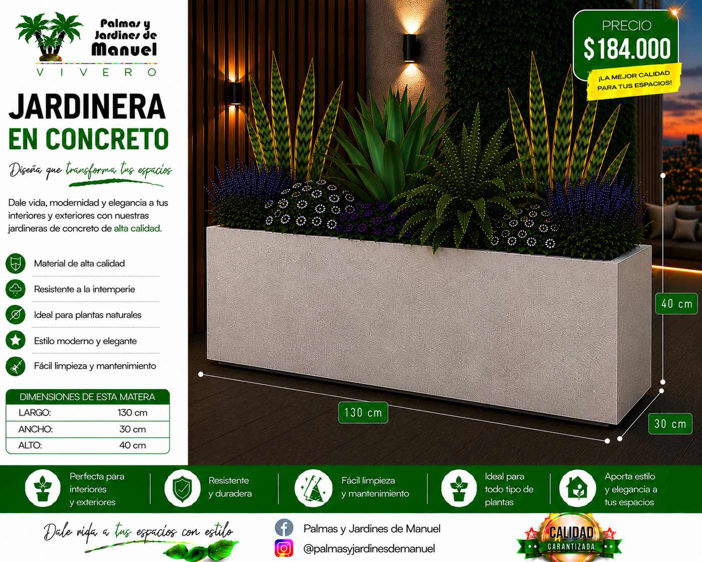 Jardinera en Concreto 130x30x40 cm