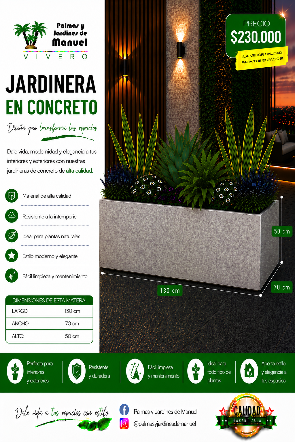 Jardinera en Concreto 130x70x50 cm