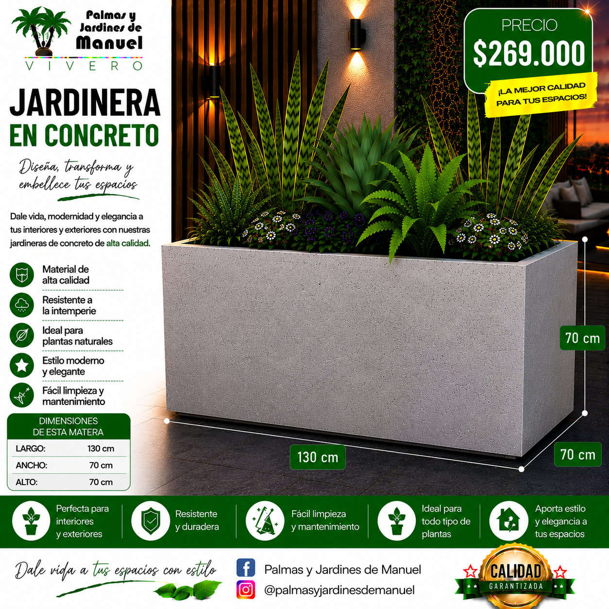 Jardinera en Concreto 130x70x70 cm