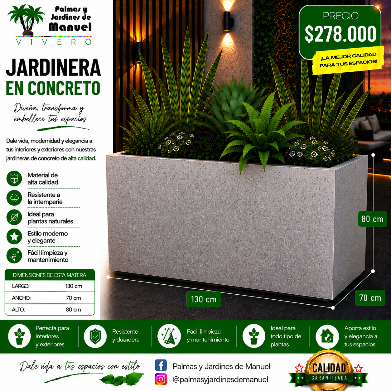 Jardinera en Concreto 130x70x80 cm