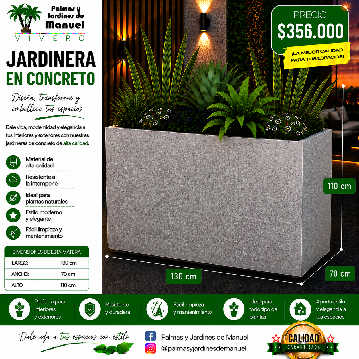 Jardinera en Concreto 130x70x110 cm