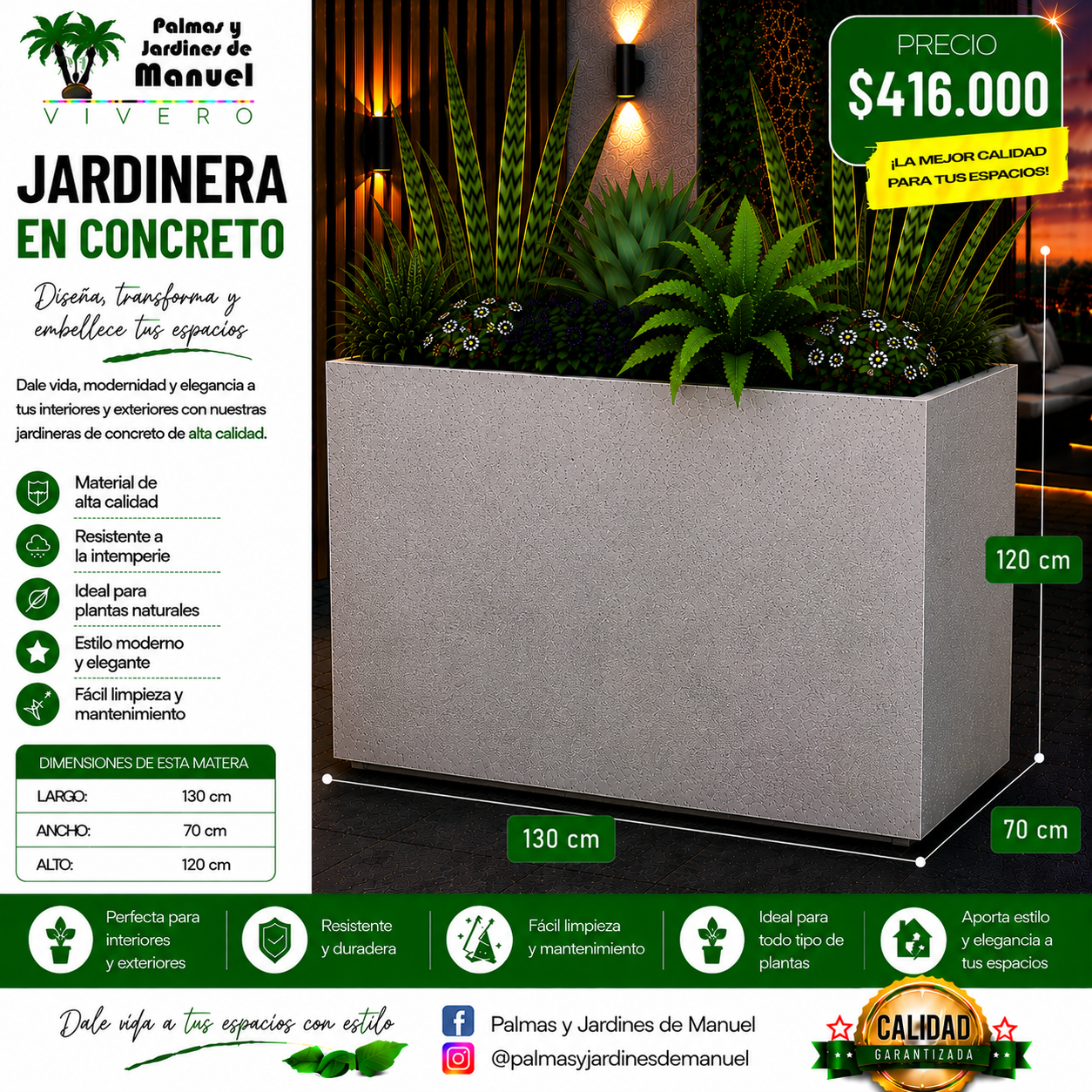 Jardinera en Concreto 130x70x120 cm