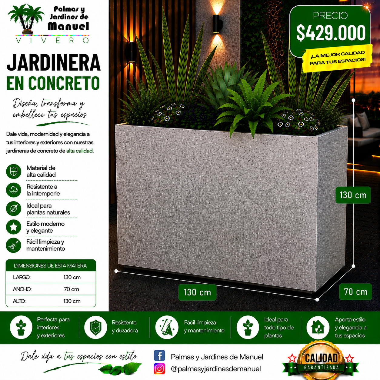 Jardinera en Concreto 130x70x130 cm