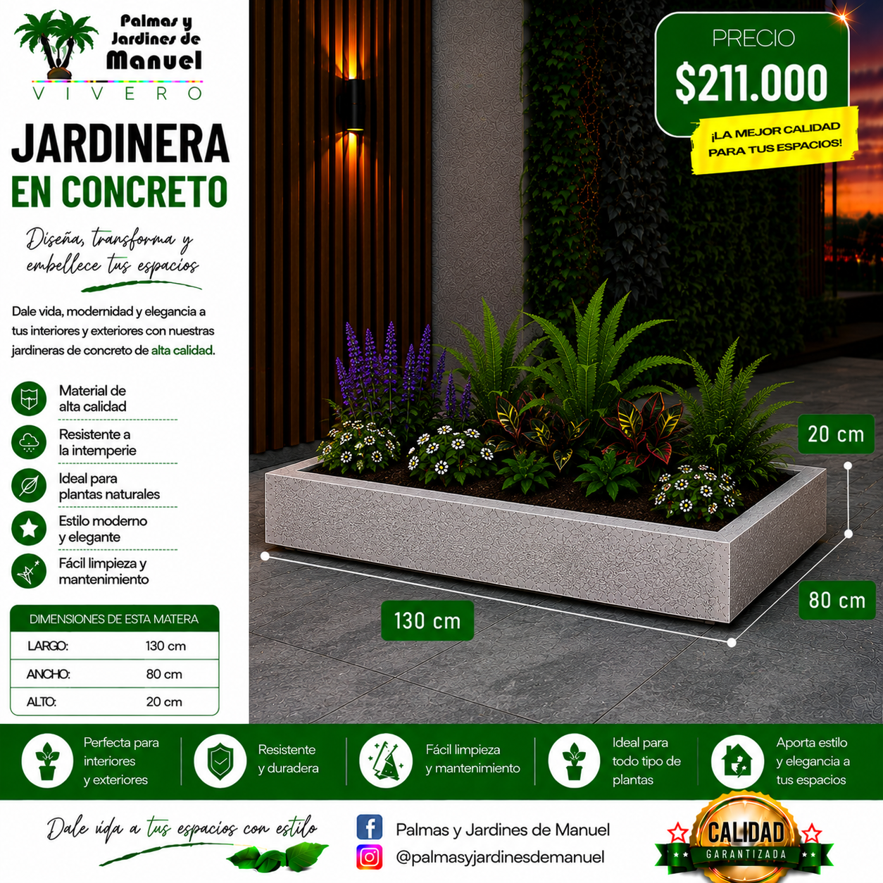 Jardinera en Concreto 130x80x20 cm