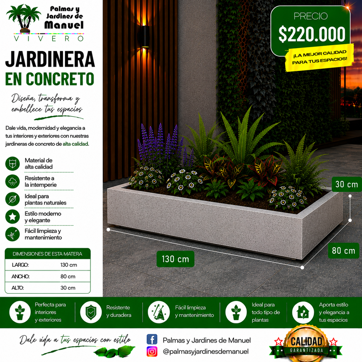 Jardinera en Concreto 130x80x30 cm