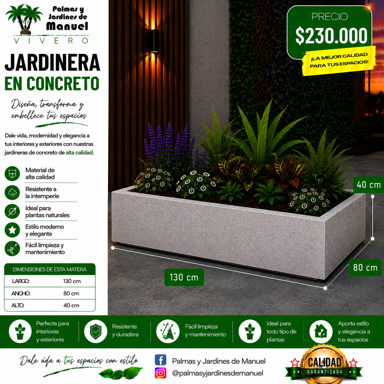 Jardinera en Concreto 130x80x40 cm