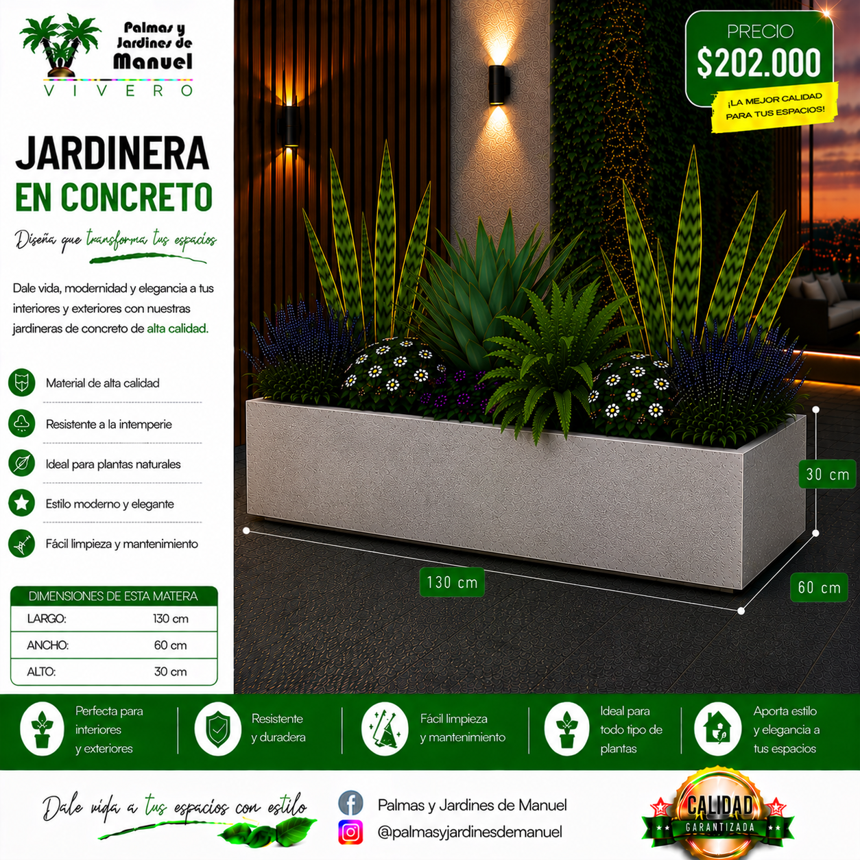 Jardinera en Concreto 130x60x30 cm