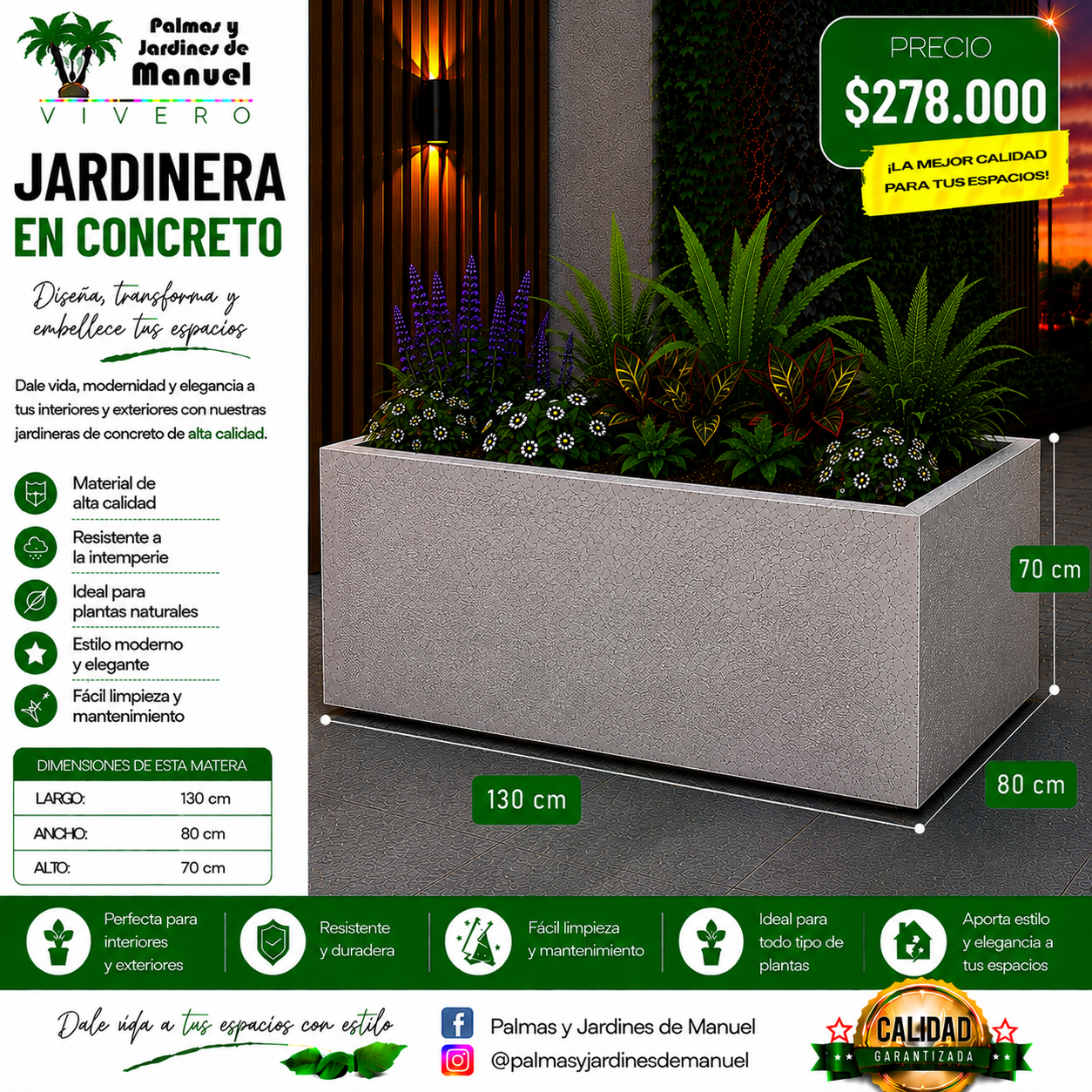 Jardinera en Concreto 130x80x70 cm