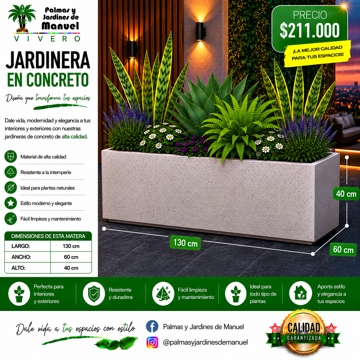 Jardinera en Concreto 130x60x40 cm