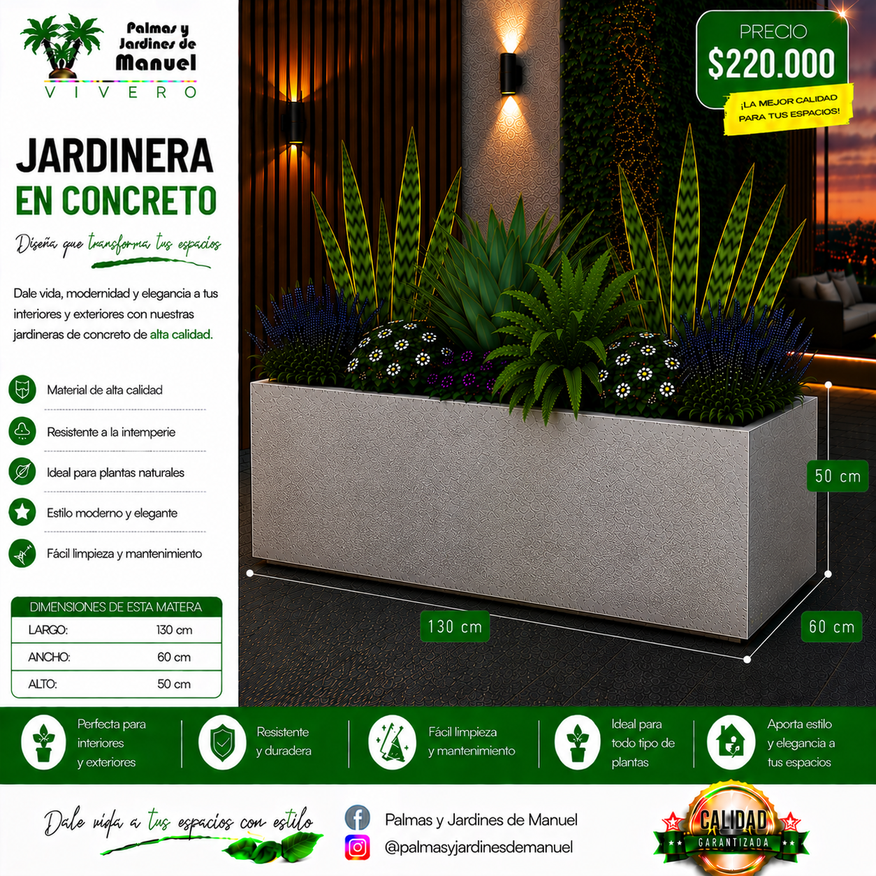 Jardinera en Concreto 130x60x50 cm